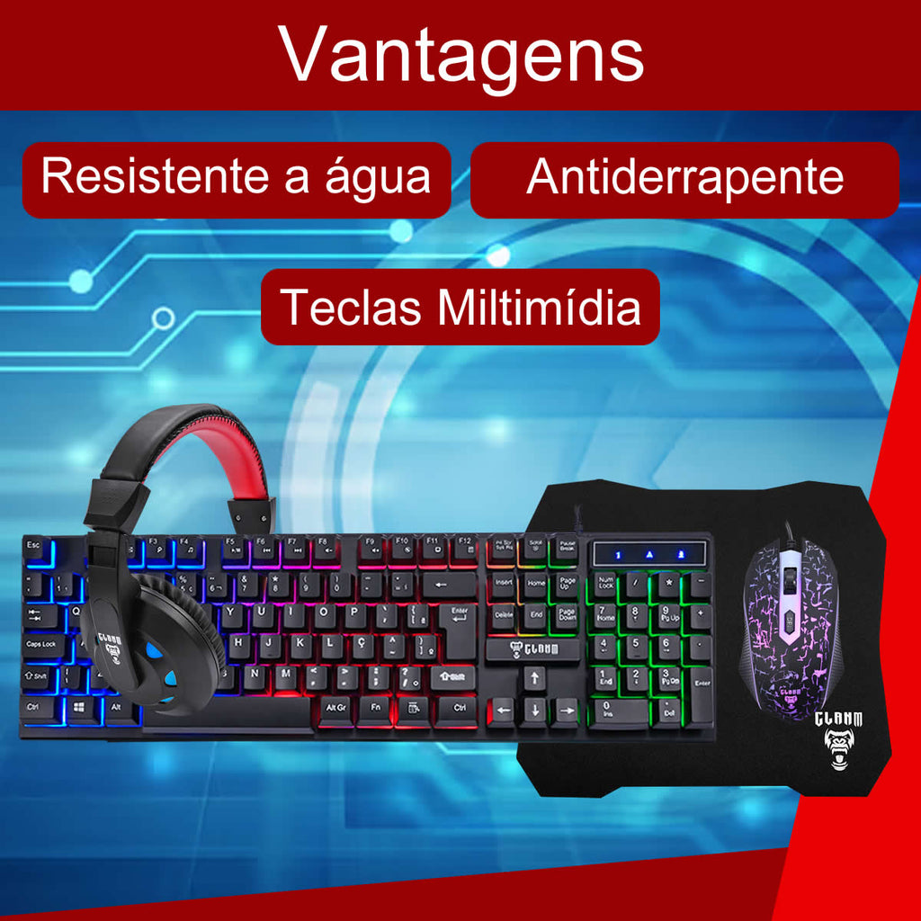 Kit Gamer Teclado Mouse Headset Mousepad Combo Nightmare USB Com Iluminação RGB Resistente a Água Teclas Multimidia Cor
