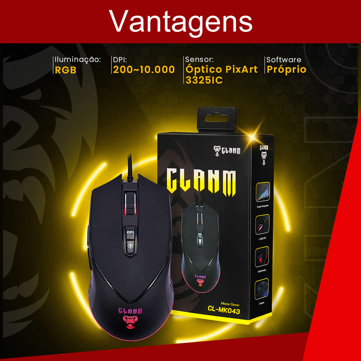 Mouse Gamer Profissional King USB 10.000 DPI com 7 Botões  e Iluminação RGB
