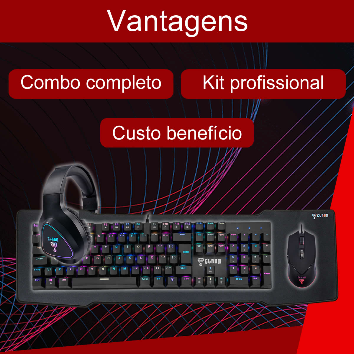 Kit Gamer Profissional Teclado Mecânico Full Size Mouse 10.000 DPI Headset Surround 7.1 Mousepad 90x30cm