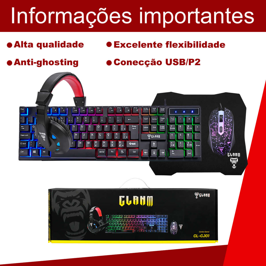 Kit Gamer Teclado Mouse Headset Mousepad Combo Nightmare USB Com Iluminação RGB Resistente a Água Teclas Multimidia Cor