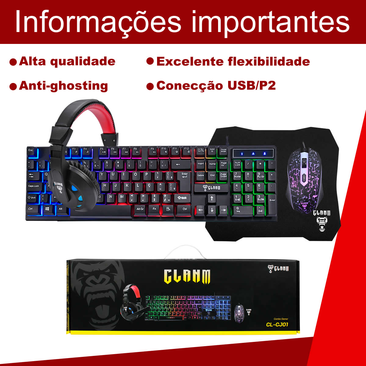 Kit Gamer Teclado Mouse Headset Mousepad Combo Nightmare USB Com Iluminação RGB Resistente a Água Teclas Multimidia Cor