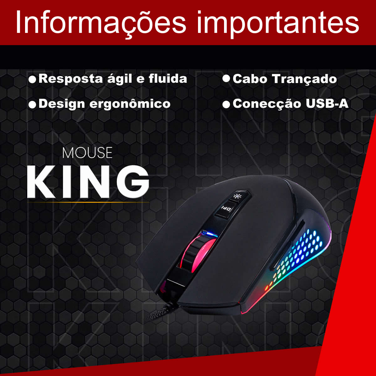 Mouse Gamer Profissional King USB 10.000 DPI com 7 Botões  e Iluminação RGB