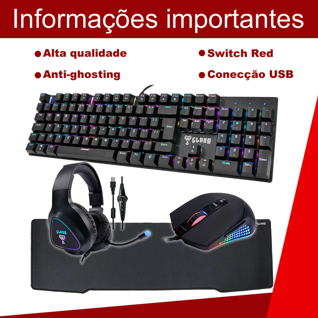 Kit Gamer Profissional Teclado Mecânico Full Size Mouse 10.000 DPI Headset Surround 7.1 Mousepad 90x30cm