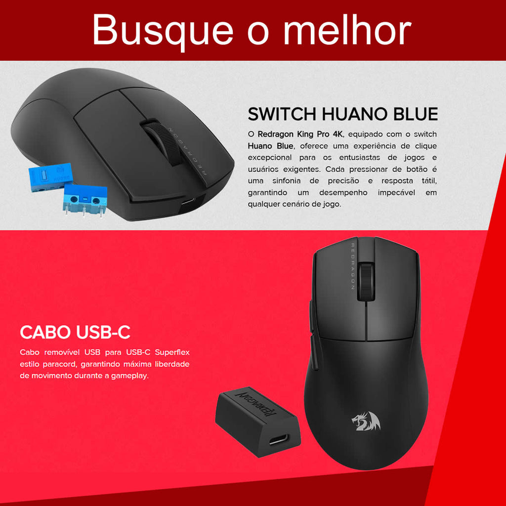 Mouse Gamer Sem Fio Redragon King Pro 4k 26.000 DPI Preto M916-PRO-4K