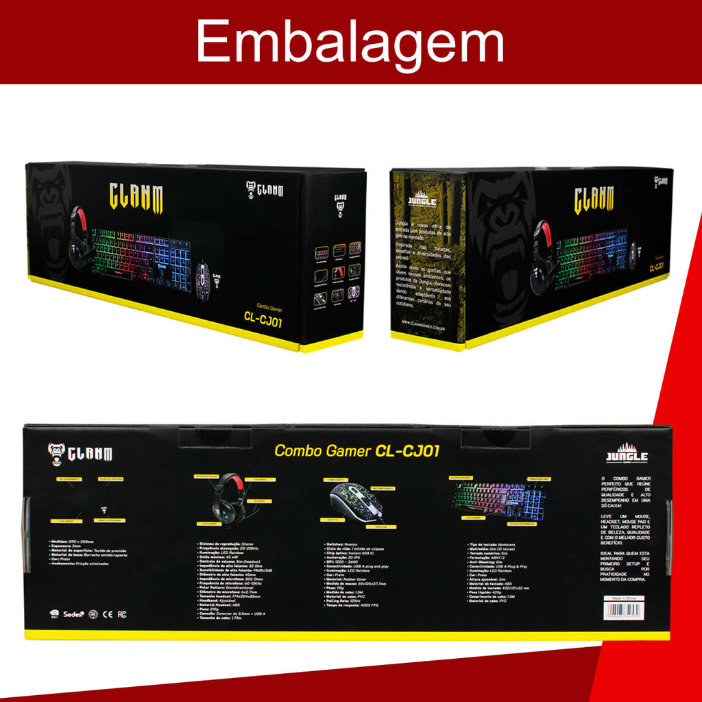 Kit Gamer Teclado Mouse Headset Mousepad Combo Nightmare USB Com Iluminação RGB Resistente a Água Teclas Multimidia Cor