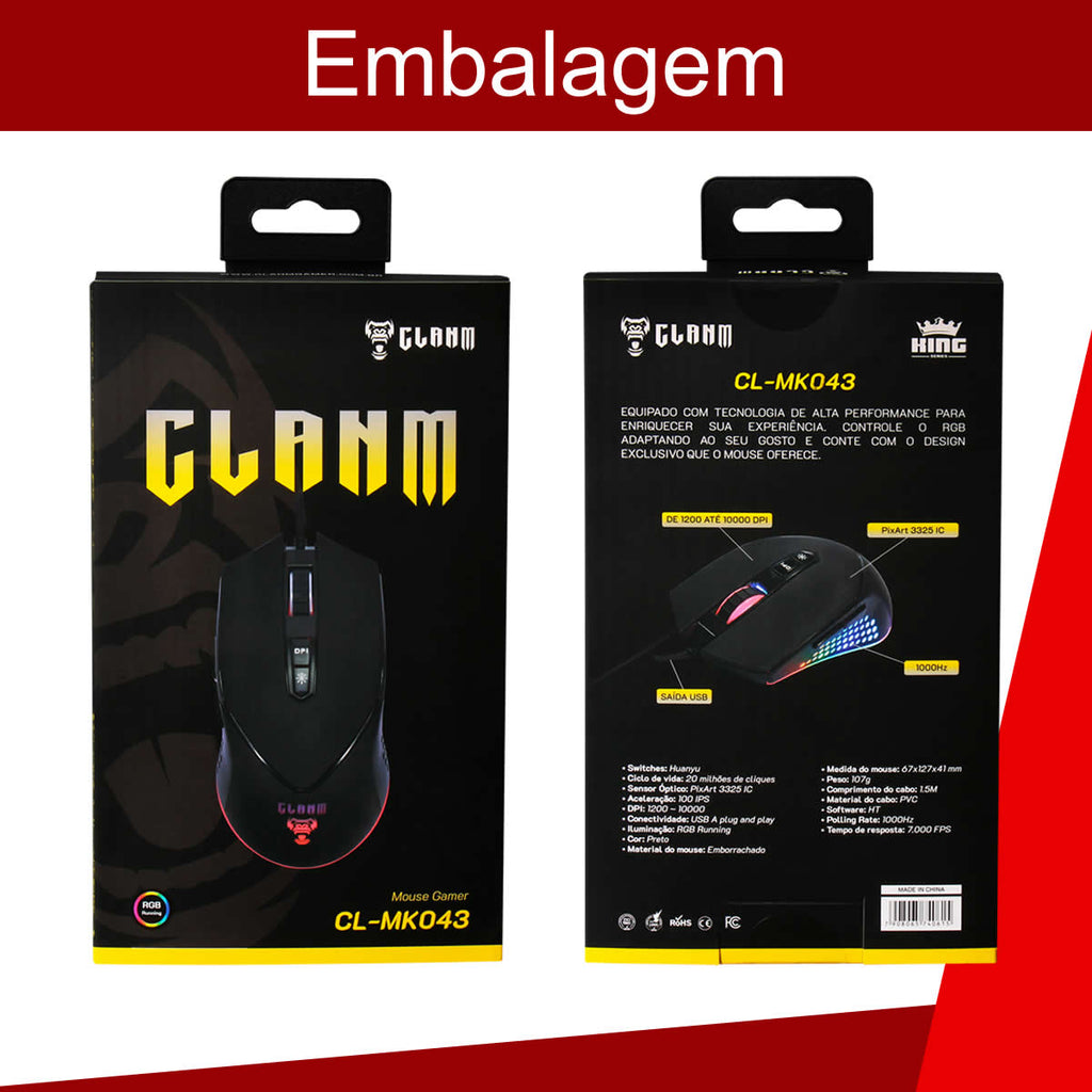 Mouse Gamer Profissional King USB 10.000 DPI com 7 Botões  e Iluminação RGB