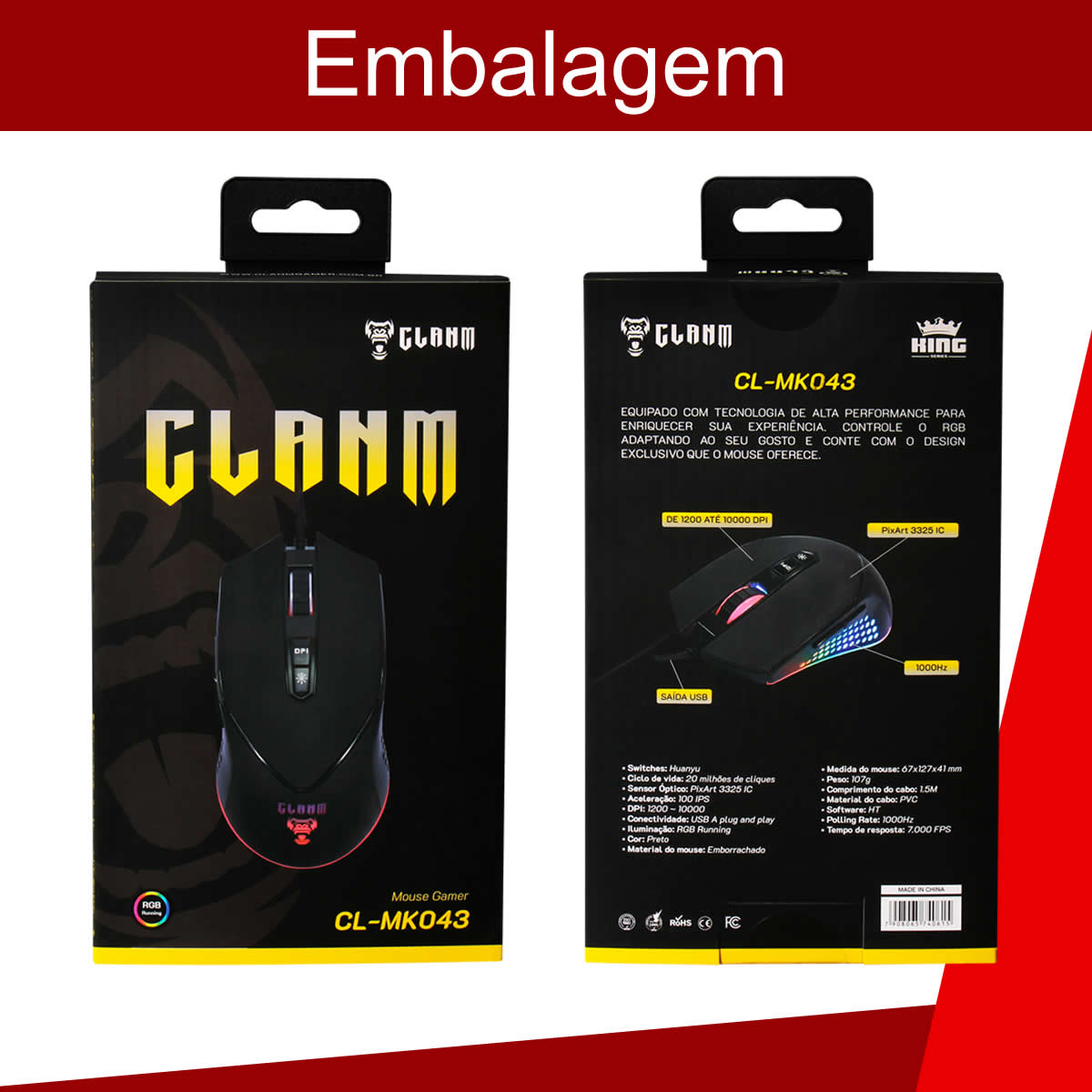 Mouse Gamer Profissional King USB 10.000 DPI com 7 Botões  e Iluminação RGB