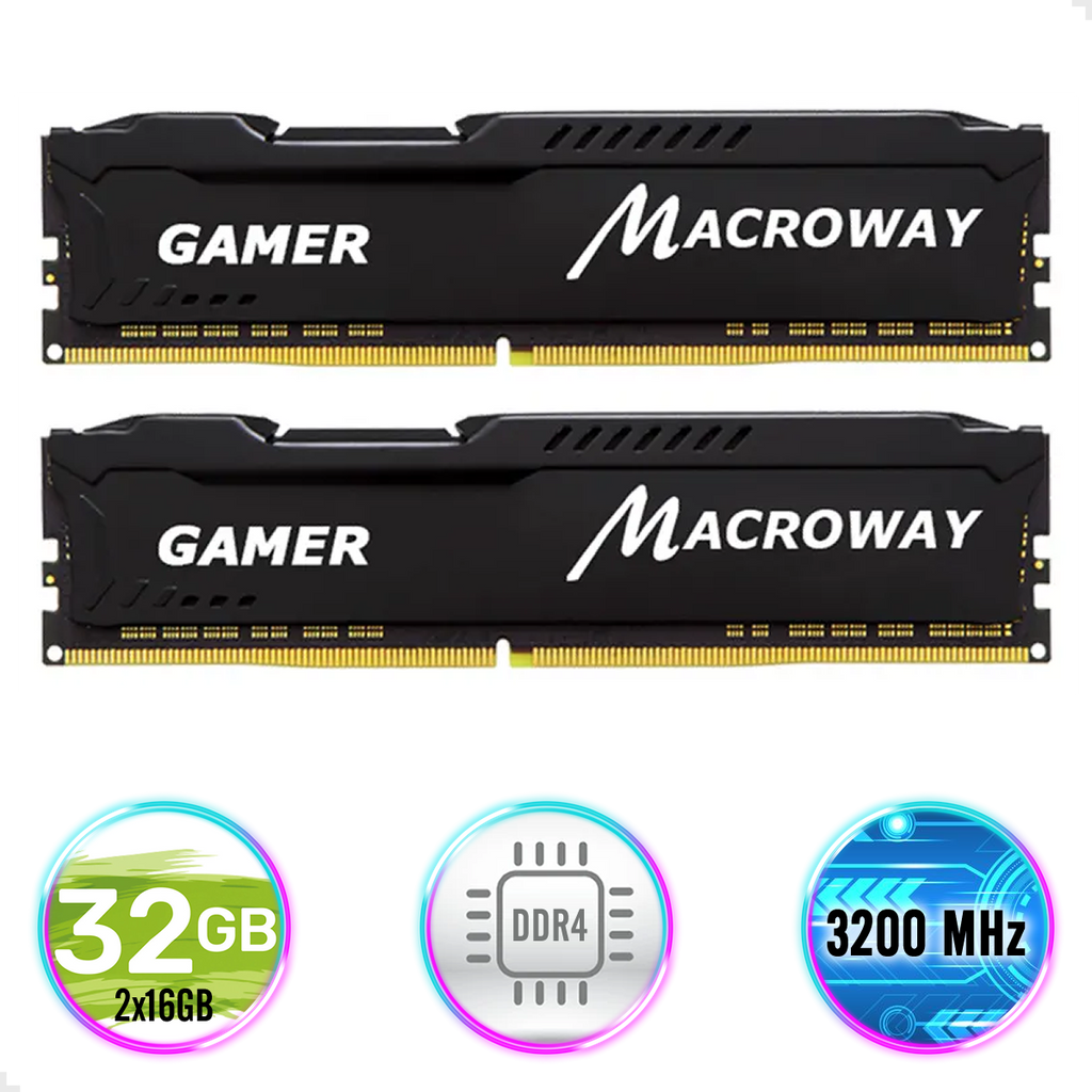 Memoria DDR4 32GB Gamer (2x16gb) 3200mhz Cl22 288pin Macroway, Com Dissipador de Calor de Alta Performance, Cor Preto