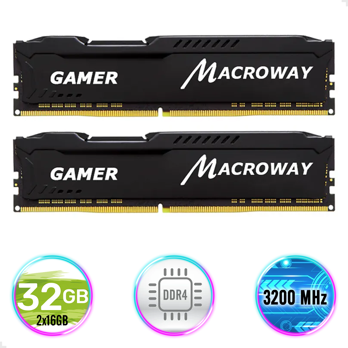 Memoria DDR4 32GB Gamer (2x16gb) 3200mhz Cl22 288pin Macroway, Com Dissipador de Calor de Alta Performance, Cor Preto
