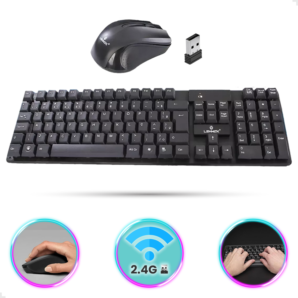 Teclado E Mouse Sem Fio Wireless 2.4g Usb Confort Escritorio Jogos, Plug and Play, Alimentação por Pilhas, Design Modern