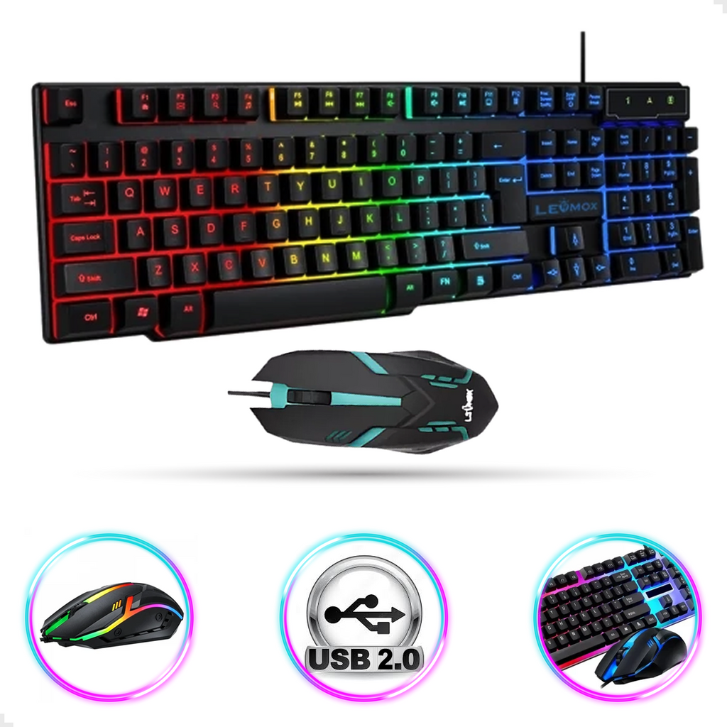 Kit Teclado E Mouse Gamer Iluminação Rgb Com Fio Usb Semi Mecânico Confortável e Design Moderno