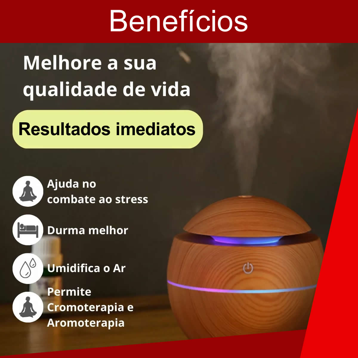 Difusor de Aroma Eletrico USB Umidificador de Ar Ultrassonico Purificador Aromatizador até 4 horas de Uso Com Led 7 Core