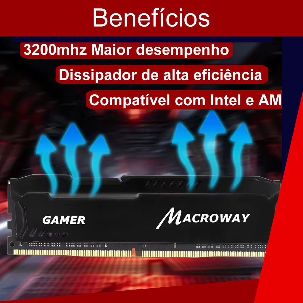 Memoria DDR4 32GB Gamer (2x16gb) 3200mhz Cl22 288pin Macroway, Com Dissipador de Calor de Alta Performance, Cor Preto
