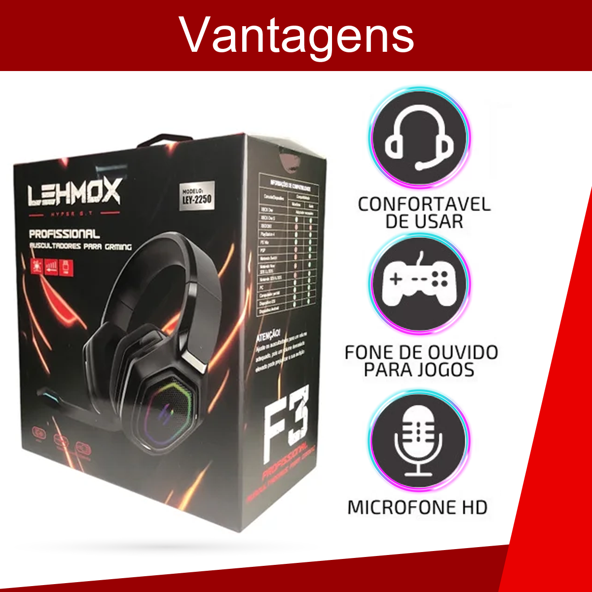 Fone Gamer Headset F3 Profissional 7.1 Com Fio Usb e Iluminação Led Para Pc Xbox One Ps4 Celular Com Sistema de Resução