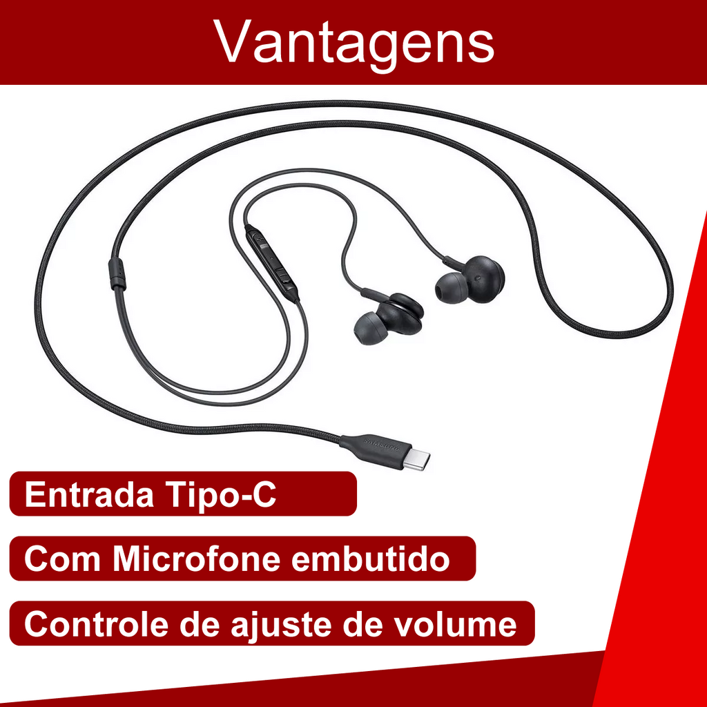 Fone de Ouvido Tipo C com Fio intra-auricular Com Microfone e Controle de Volume Integrado, Atende Chamadas, Compatavel