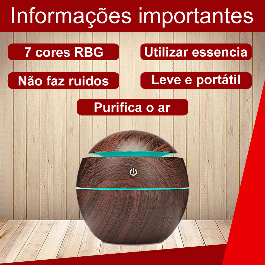 Difusor de Aroma Eletrico USB Umidificador de Ar Ultrassonico Purificador Aromatizador ate 4 horas de Uso Com Led 7 Core