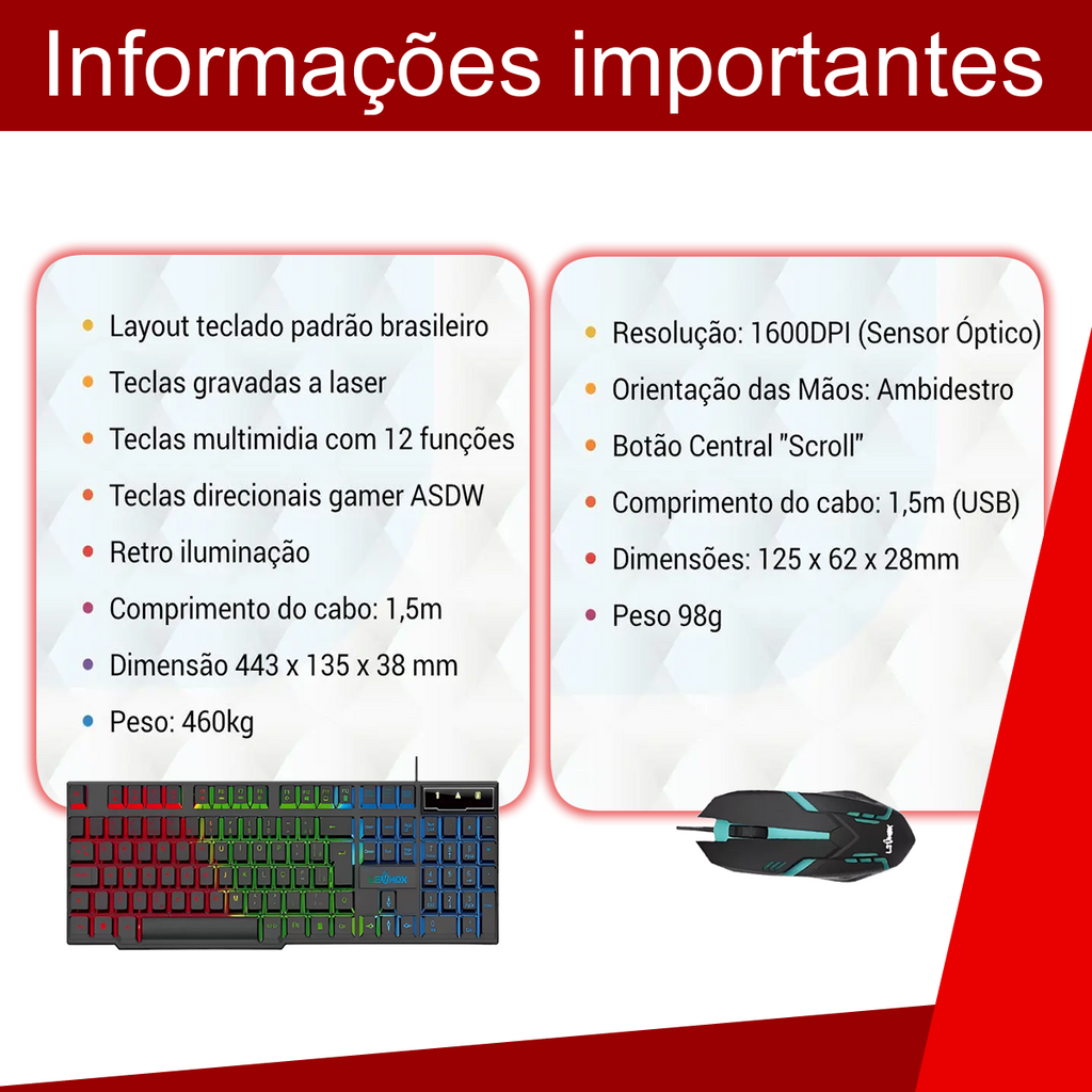 Kit Teclado E Mouse Gamer Iluminação Rgb Com Fio Usb Semi Mecânico Confortável e Design Moderno