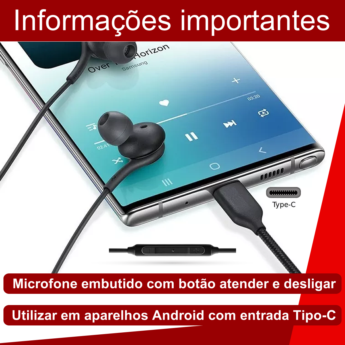 Fone de Ouvido Tipo C com Fio intra-auricular Com Microfone e Controle de Volume Integrado, Atende Chamadas, Compatavel