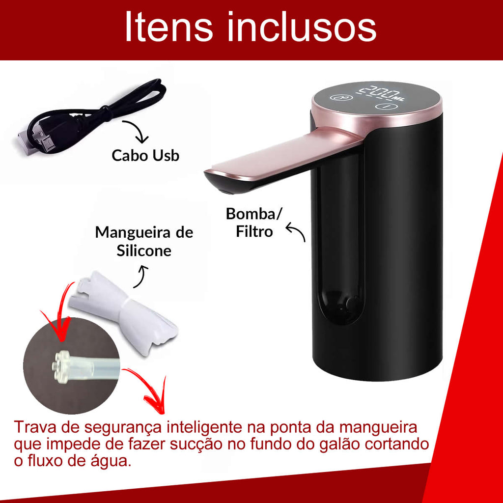 Bebedouro Bomba Galão De Água Elétrica 5 A 20 Litros Recarregável Usb Com Controle Digital do Fluxo de Água - Cor Preto