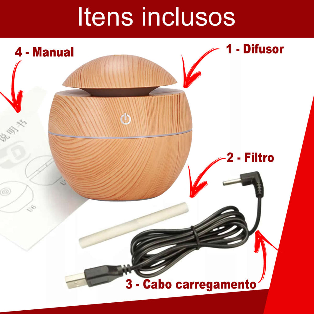 Difusor de Aroma Eletrico USB Umidificador de Ar Ultrassonico Purificador Aromatizador até 4 horas de Uso Com Led 7 Core