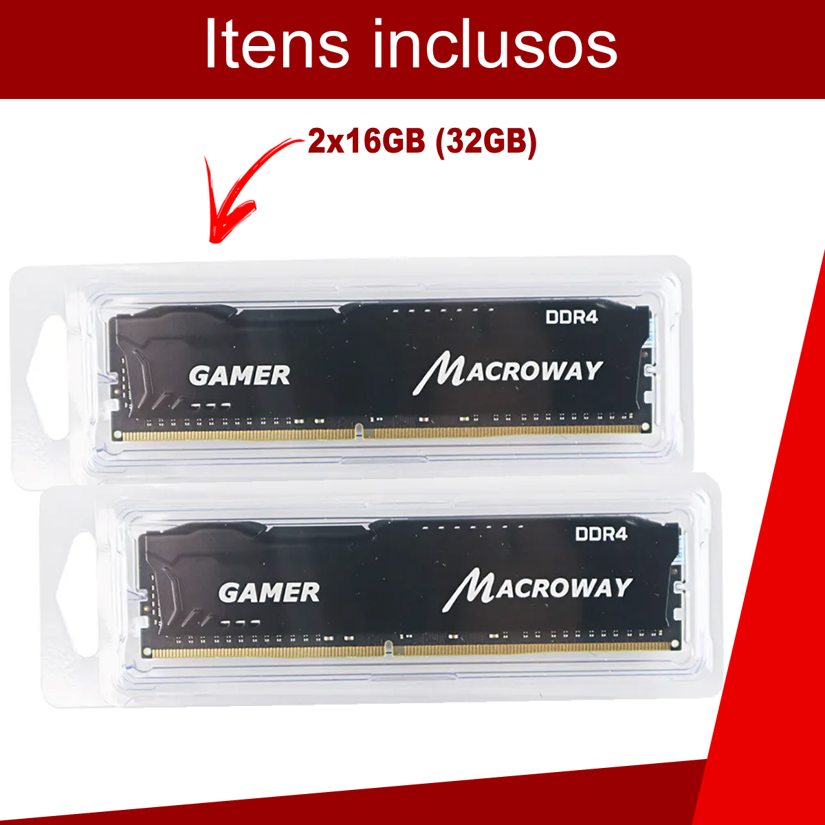 Memoria DDR4 32GB Gamer (2x16gb) 3200mhz Cl22 288pin Macroway, Com Dissipador de Calor de Alta Performance, Cor Preto
