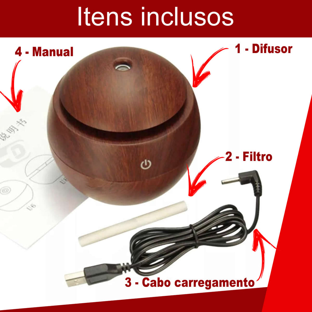 Difusor de Aroma Eletrico USB Umidificador de Ar Ultrassonico Purificador Aromatizador ate 4 horas de Uso Com Led 7 Core