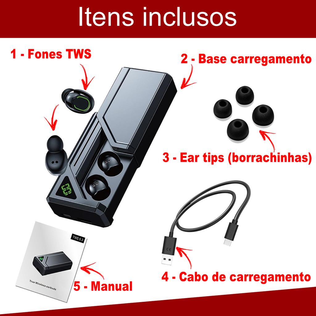 Fone Bluetooth 5.3 Sports Tws Sem Fios Earbuds Digital Com Sistema de Redução de Ruidos Cor Preto