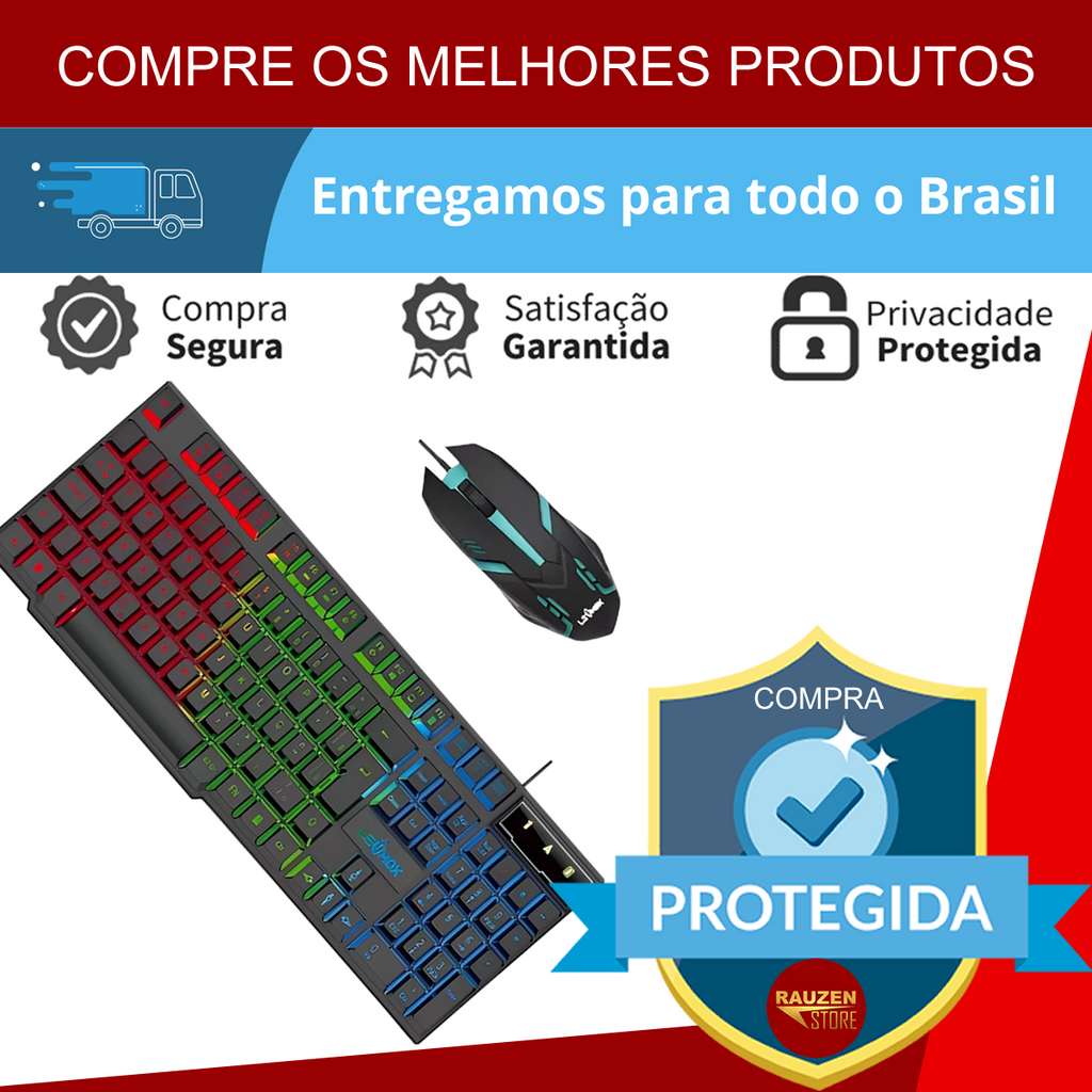 Kit Teclado E Mouse Gamer Iluminação Rgb Com Fio Usb Semi Mecânico Confortável e Design Moderno