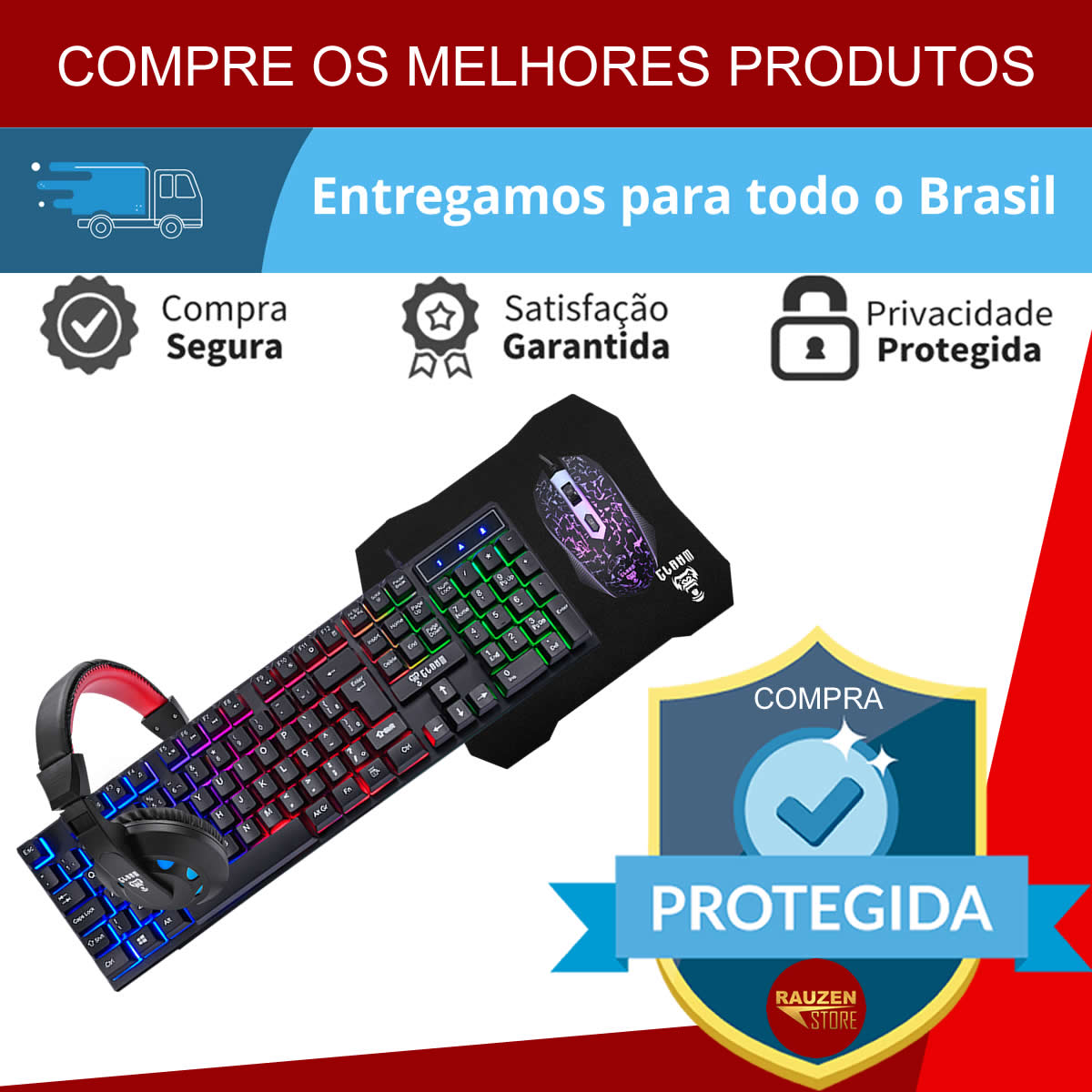 Kit Gamer Teclado Mouse Headset Mousepad Combo Nightmare USB Com Iluminação RGB Resistente a Água Teclas Multimidia Cor