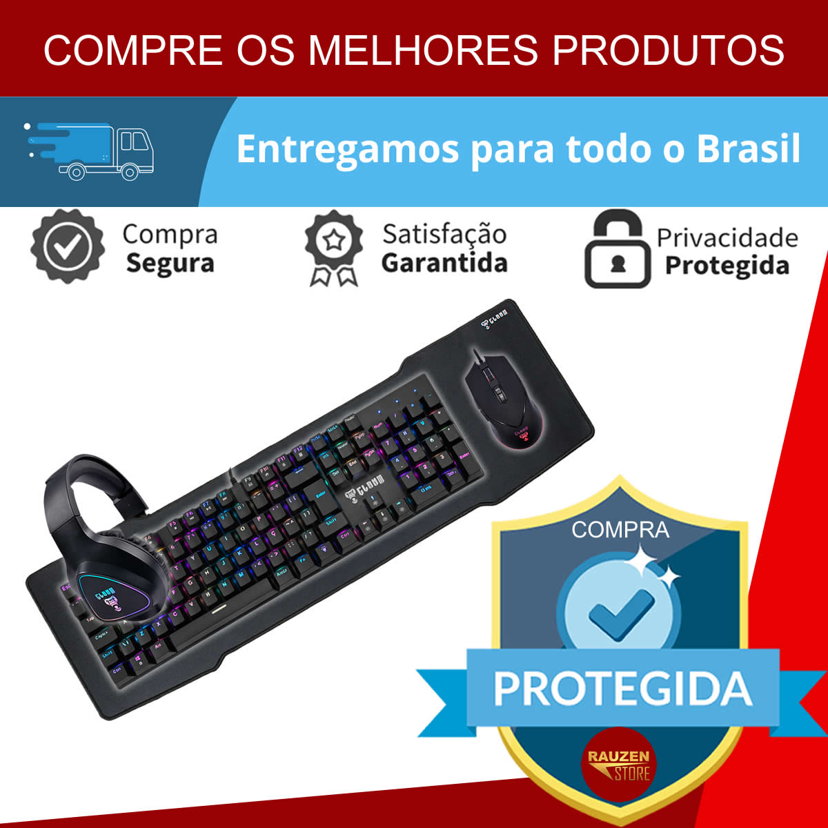 Kit Gamer Profissional Teclado Mecânico Full Size Mouse 10.000 DPI Headset Surround 7.1 Mousepad 90x30cm