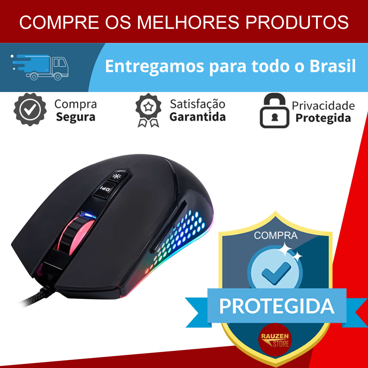 Mouse Gamer Profissional King USB 10.000 DPI com 7 Botões  e Iluminação RGB