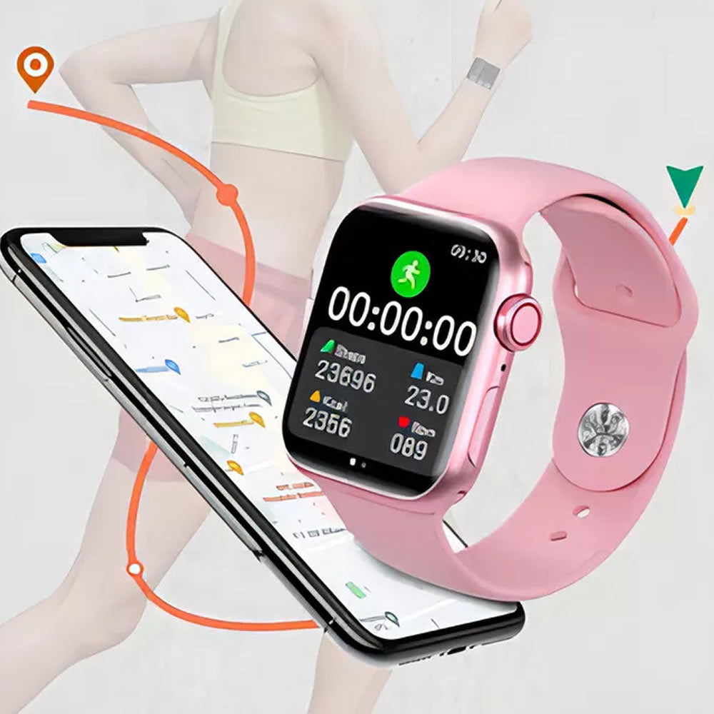 Relógio Inteligente Smartwatch S9 Mini Série 10 2024 Caixa Rosa Pulseira Rosa Bisel Rosa Desenho Da Pulseira Lisa